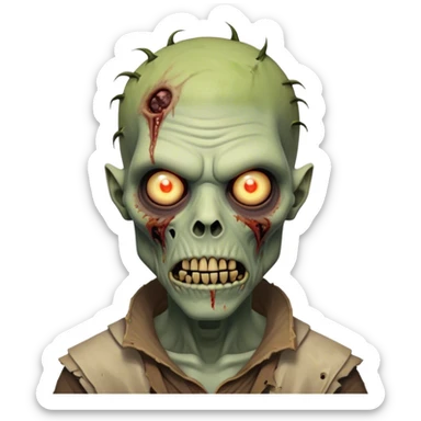 Cinematic Realistic WoW undead friendly zombie Portrait, head tilted epicly and inquisitively, showcasing grim resilience and defiant strength. His withered, pallid skin and intense, glowing eyes contrast starkly with his worn, earth-toned clothes, rendered in meticulous detail. With dynamic, high-contrast lighting and high shine, this portrait exudes an epic aura, capturing the relentless will of a battle-hardened undead friendly zombie. sticker
