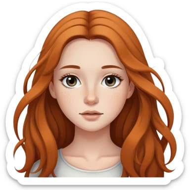 young woman with flowing long hair, dark black eyes, natural makeup, and cute freckles sticker