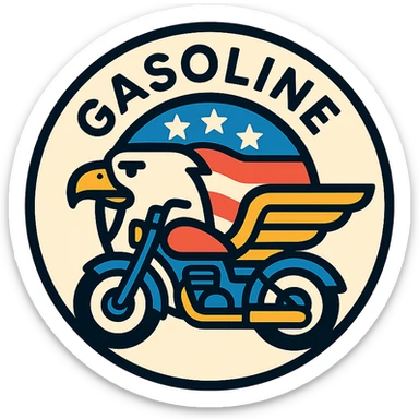 circular motorcycle gas cap design, transparent background, text 'GASOLINE', motif: eagle, motorcycle, wing, American style sticker