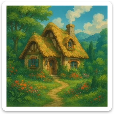 a cozy cottage in a magical landscape, ghibli style, detailed, enchanting, lush environment sticker