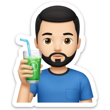 generate a pretty bratz boy with a buzz cut black hair, drinking sprite, bearded, blue tshirt sticker