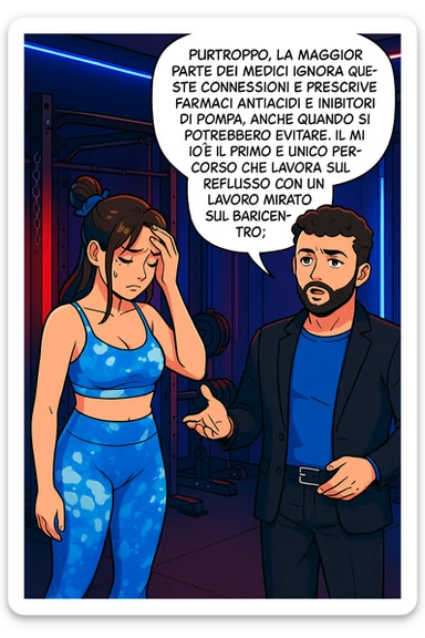 TRASFORMA QUESTO CAROSELLO IN UN FUMETTO STILE WEBTOON/MANGA A COLORI CON QUESTE DUE PERSONE IDENTICHE CHE INTERLOQUISCONO TRA LORO, L'uomo sta spiegando alla donna questo concetto MENTRE LA DONNA SI TIENE la mano sulla fronte sconcertata:

LUI (UOMO): Purtroppo, la maggior parte dei medici ignora queste connessioni e prescrive farmaci antiacidi e inibitori di pompa, anche quando si potrebbero evitare.
Il mio è il primo e unico percorso che lavora sul reflusso con un lavoro mirato sul baricentro; sticker