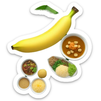 banana leaf with food items on it like rice, bowls, banana sticker