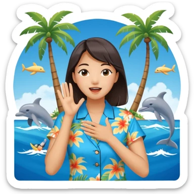 들뜬 표정의 20대 한국 여자, 여름 옷차림, 두 손으로 입을 감싸 “괌 가자~” 외치는 포즈. 민트색 배경, 밝고 유쾌한 광고 포스터 느낌,

옷이 더 하와이안 셔츠였음 좋겠어

멀리 있는 사람을 부르는 것처럼 

배경이 바다였음 좋겠어 약간 야자수랑 돌핀도 있고

멀~리 있는 사람을 부르는 손! sticker