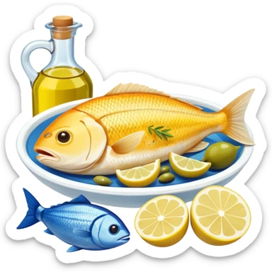 Mediterranean cuisine humanless avatar in clean emoji-style illustration. Olive oil, fish, lemon, blue and sunny colors, light and fresh mood, flat design, high contrast. sticker