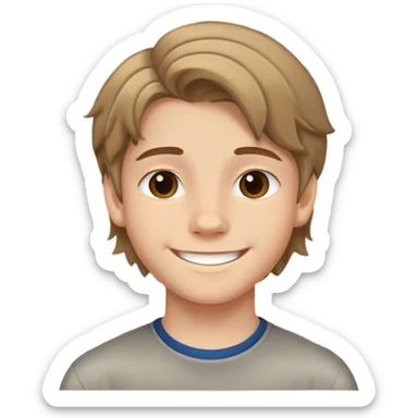 Teen boy with light complexion, brown curtain hair, middle part hairstyle, smiling face, 14 years old sticker