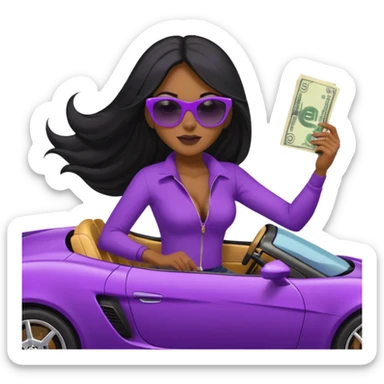 Black woman with long hair riding in a purple sports car with money falling sticker