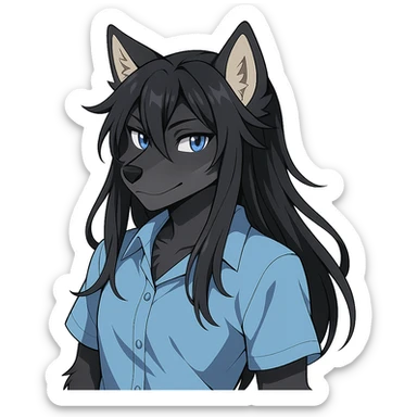 anime style wolf furry character with blue eyes, long black hair, wearing a light blue shirt sticker