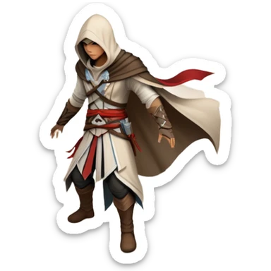 An icon representing an adventure game, inspired by Assassin's Creed. The design features a heroic character in hooded attire, scaling a tall building in a historical cityscape. The background shows ancient architecture and hidden symbols, symbolizing exploration and stealth. Transparent background sticker
