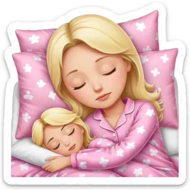 One adult blonde girl in pink Pajamas is sleeping in the bad  sticker
