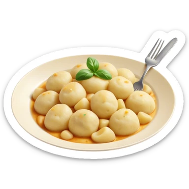 Gnocchi Cinematic Realistic Gnocchi Dish Emoji, depicted as tender potato dumplings garnished with iconic fork marks on top, rendered with soft textures and warm, inviting lighting. sticker