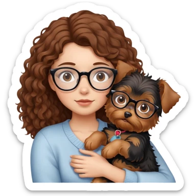 Girl with brown curly hair wearing glasses cuddling with a cute yorkie sticker