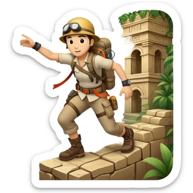 An icon featuring an adventurer in a dynamic action pose, with treasure maps, ancient ruins, and jungle landscapes in the background. The design includes clues, hidden passages, and climbing gear, symbolizing the thrill of exploration and discovery. Transparent background. sticker