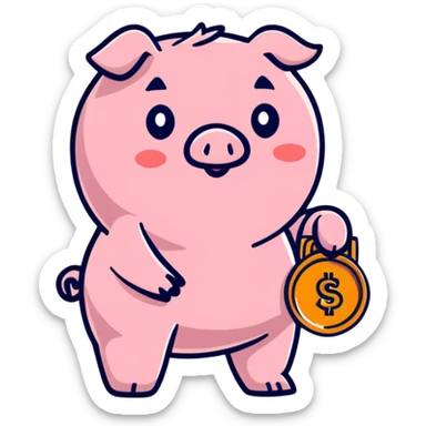 cute penny coin mascot with arms and legs, holding a piggy bank, financial advisor character sticker