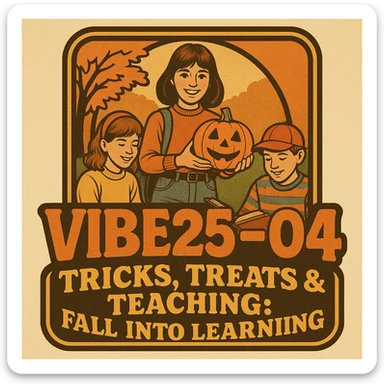 Create a logo that encompasses a retro 80's feel, nostalgic, ALSO RETRO.  Add the words "VIBE25-04: Tricks, Treats & Teaching: Fall Into Learning" sticker