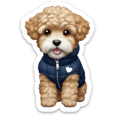 Ginger maltipoo wearing navy blue puffer jacket with white hearts pattern  sticker