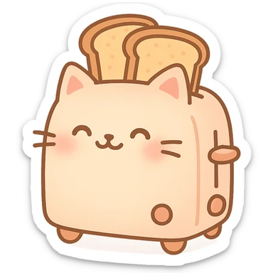 kawaii toaster cat popping out two toast slices, smiling sweetly, soft pastel colors, full-body sticker