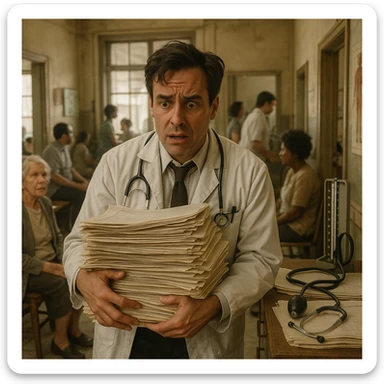 A stressed doctor with a stack of paper charts, busy with many patients, clinic lacking modern technology, old-fashioned medical tools sticker