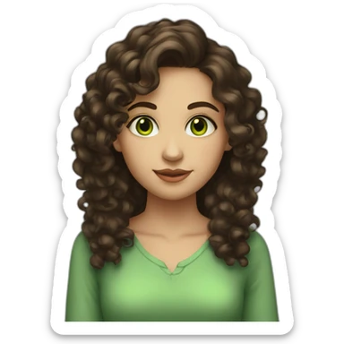 a young lady with dark brown curly hair and green eyes sticker