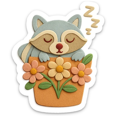 Make the surface texture and finish of the raccoon-in-flower-pot image match the attached fox-and-squirrel image. Keep all designs and elements unchanged, just follow the surface style. sticker