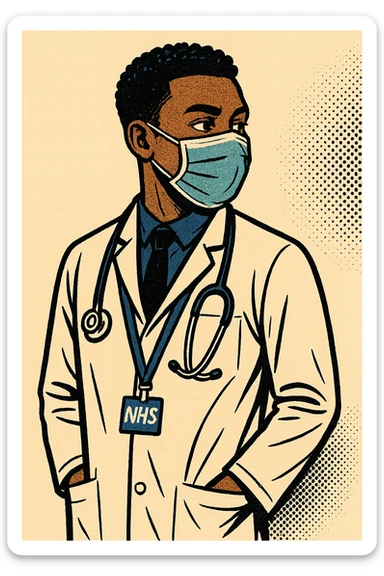 the full body of a young make black doctor from 2020 wearing a face mask.  He is looking calm. he is also wearing an NHS lanyard around his neck and facing RIGHT sticker