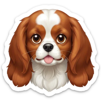 Cinematic Cute Blenheim Cavalier King Charles Spaniel Portrait Emoji, Head tilted playfully and inquisitively, silky Blenheim coat with warm chestnut and crisp white patches, round, sparkling brown eyes filled with curiosity, Simplified yet irresistibly adorable features, highly detailed, glowing with a warm, friendly glow, high shine, affectionate and lively, stylized with a touch of whimsy, bright and endearing, soft glowing outline, capturing the essence of a mischievous yet loving pup, so playful it feels like it could pounce out of the screen and into your arms! sticker