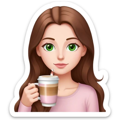 pretty woman with very long brown hair and green eyes and light pink outfit drinking a latte sticker