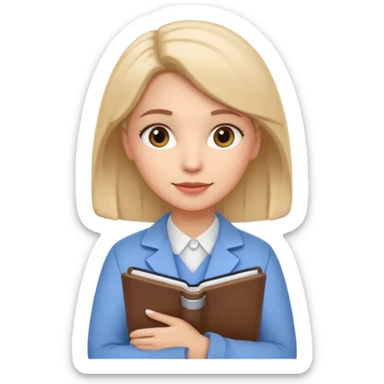 Cute female psychologist character, friendly and professional, holding a notebook, therapy office background, cartoon style, white background sticker