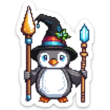 penguin wizard with a pointy hat and magic staff sticker