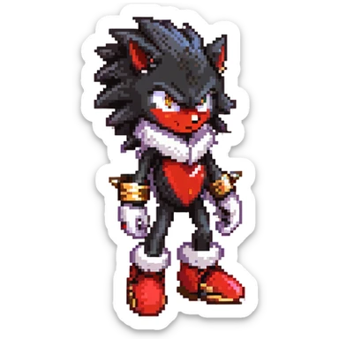 Shadow the Hedgehog standing alone on a ruined highway at dusk, black fur with crimson highlights, piercing red eyes, sharp swept-back quills, white chest fur, sleek hover shoes glowing red, white gloves with gold rings, cold determined aura, cracked asphalt, flickering streetlights, distant skyline sticker
