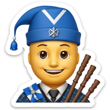 Create a smiling emoji based on "party face with party hat" emoji. Use a blue and white colors from the Scottish Saltire. Include bagpipes next to the emoji, incorporating tartan Blending scottish details blending into the design. sticker