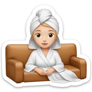 spa A contented and relaxed girl with a towel on her head in a white robe lies on a couch. The icon displays the couch and the girl in full three-quarter view. sticker