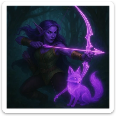 Add a magical pet companion, such as a glowing spirit fox or small dragon, beside the purple fantasy elf archer. Keep the fantasy theme and color harmony in a style consistent with the original image. sticker