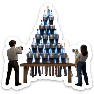 People taking pictures of the bottles piled high in buckets on the tables. Liquor bottles are likewise decorated with blinking flashlights. Bottles of Belvedere vodka and Patron tequila are lit from within the glass bottle with a dark light sticker