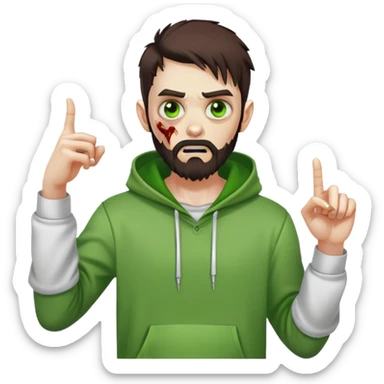 zombie pointing finger, undercut hairstyle with dark brown hair, short full beard, bright green eyes, wearing plain white hoodie sticker