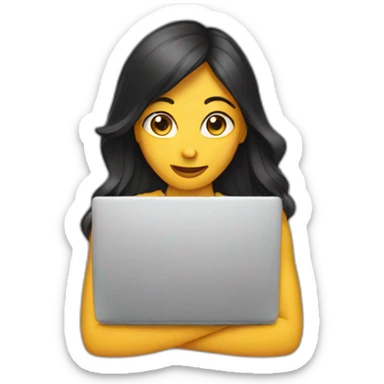 woman hiding behind a laptop sticker