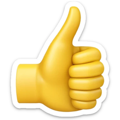 Apple-style 3D illustration of a single yellow emoji hand giving a thumbs up gesture, glossy and rounded, centered on a clean white background, soft shadow underneath, isolated and minimal design sticker