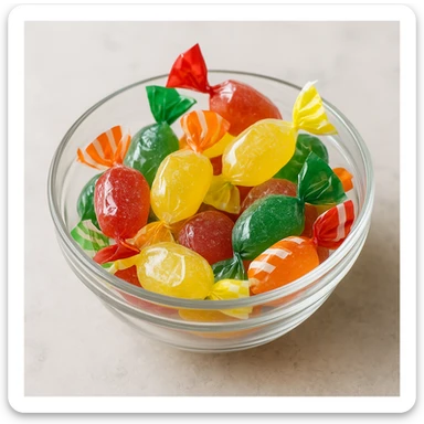 realistic photo of assorted hard Italian candies in a transparent bowl sticker