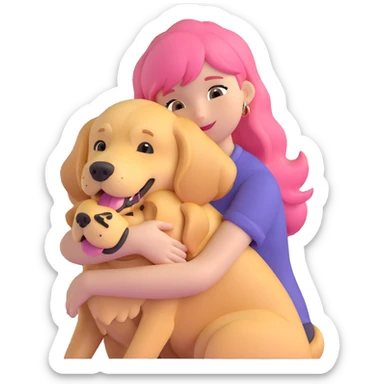 pink-haired girl hugging golden retriever sticker