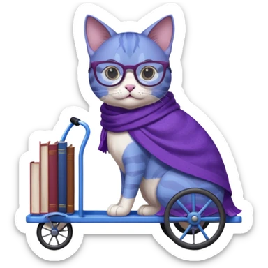 Purple and blue cat, with glasses and a shawl, pushing a 4 wheeled cart full of books sticker