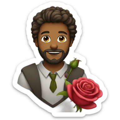 A bearded teenager with a rose and a letter sticker