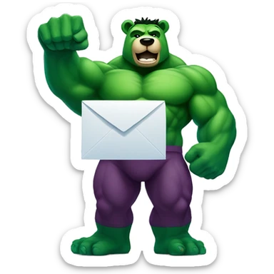 Super hero hulk bear, smiling and holding a mailbox sticker