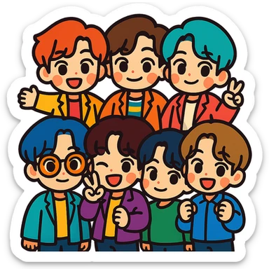 BTS band members as cute chibi characters, vibrant colors, group pose sticker