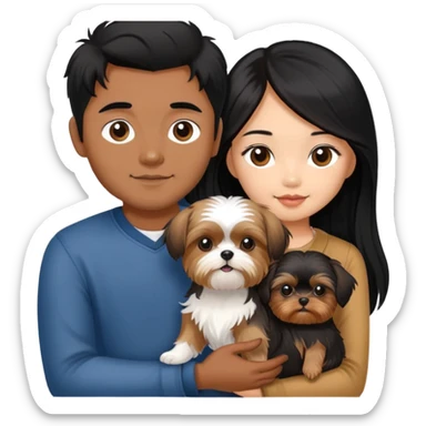 A beautiful Asian girl with long black hair is holding a small Yorkshire Terrier. She is standing next to her brown skinned boyfriend, who is holding a Shih Tzu. They are each holding one dog each sticker