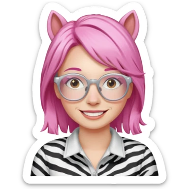 create a emoji of my friend camilla: she wears  white glasses and she has brown hair, make it pink. She loves horses and zebras sticker