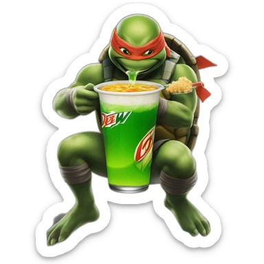 Mountain Dew ninja turtles with soup, eating on a high-rise sticker