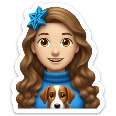 White girl with long wavy brown hair celebrating Hanukkah with her fox looking dog sticker