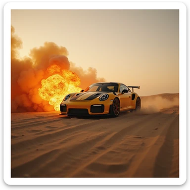 Cinematic shot, Porsche 911 gt3 rs in fire, desert, sunny day, dubai in background sticker