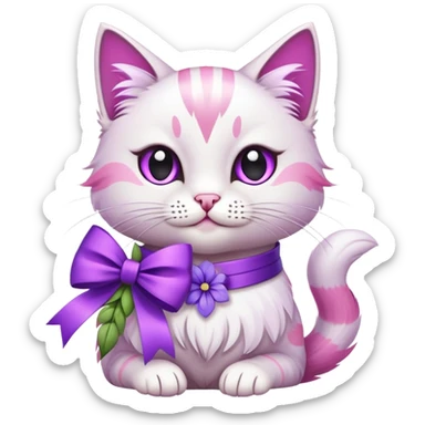 white and pink feathered cat holding purple flowers with a bow on its neck, emoji style sticker