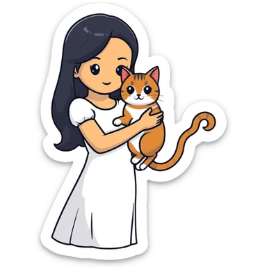 A beautiful girl with long black hair wearing a white dress holds an Abyssinian cat in her arms sticker